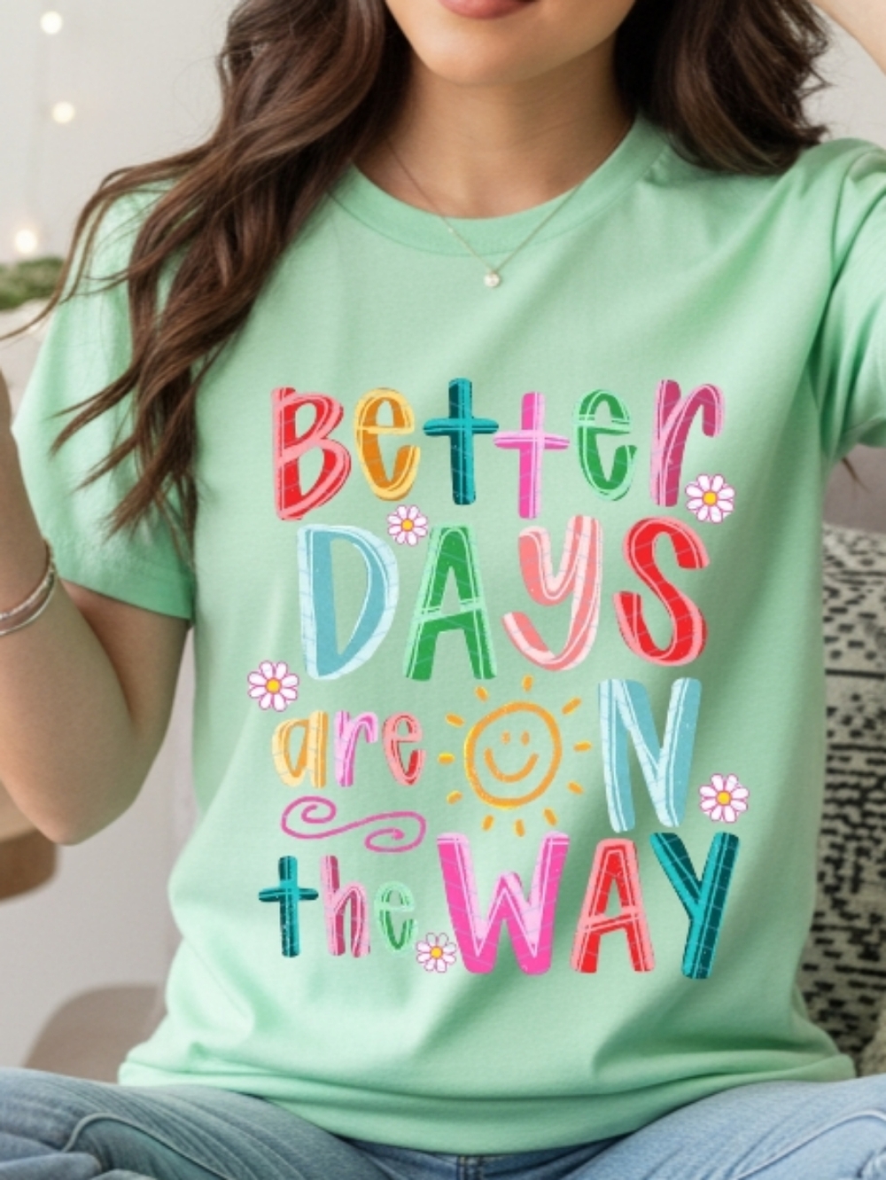 Gildan Mint Short Sleeve Graphic Tee with Multicolor 'Better Days' Print